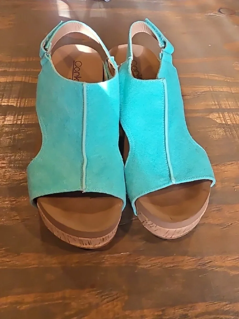 Corkys Turquoise Canvas Slingback Wedge Sandals